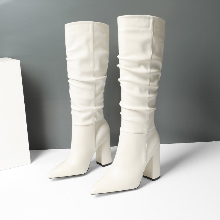 Botas Largas De Mujer Wrinkle Tube Fashion Women Knee-High Chunky Heel Boots