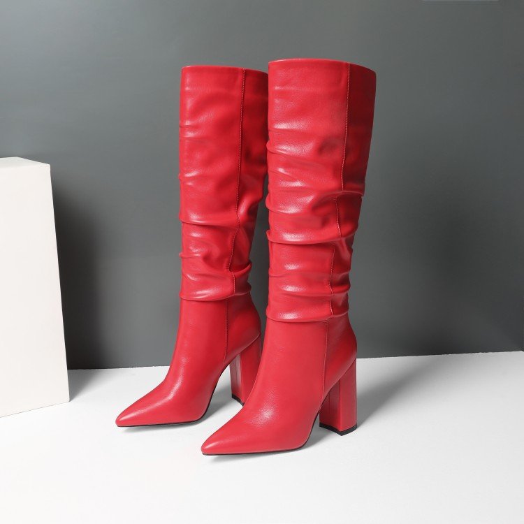 Botas Largas De Mujer Wrinkle Tube Fashion Women Knee-High Chunky Heel Boots