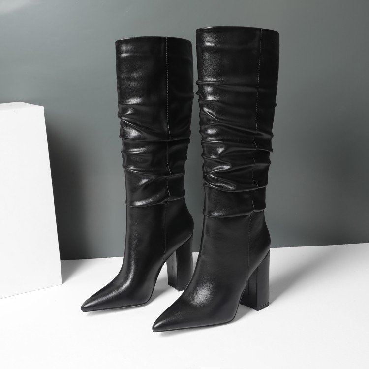Botas Largas De Mujer Wrinkle Tube Fashion Women Knee-High Chunky Heel Boots
