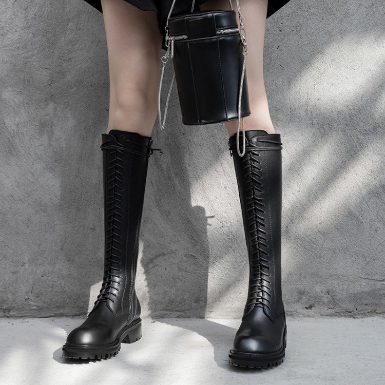 designer Classic Black Knee High Lace Up Winter Genuine Leather platform flat martin Boot women's boots for ladies long boots
