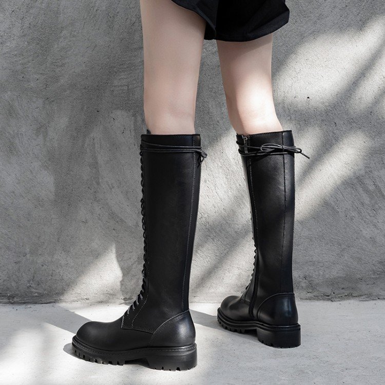 designer Classic Black Knee High Lace Up Winter Genuine Leather platform flat martin Boot women's boots for ladies long boots