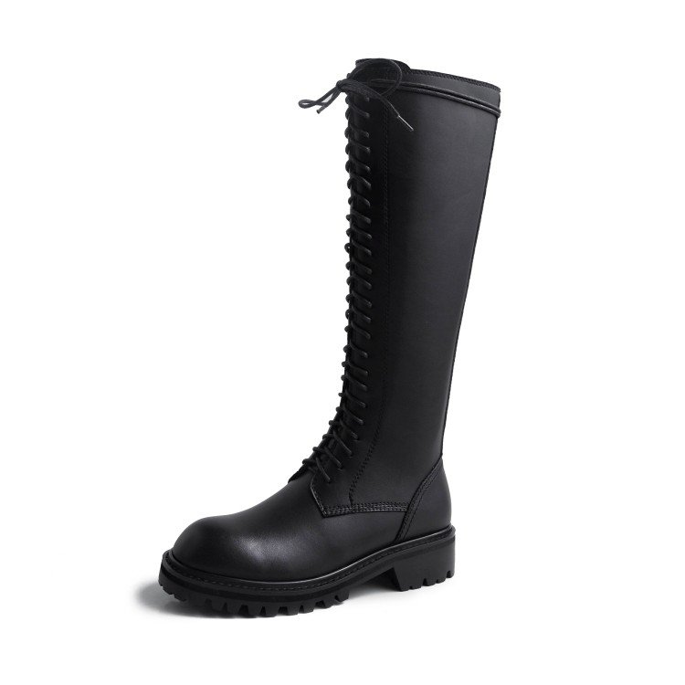 designer Classic Black Knee High Lace Up Winter Genuine Leather platform flat martin Boot women's boots for ladies long boots