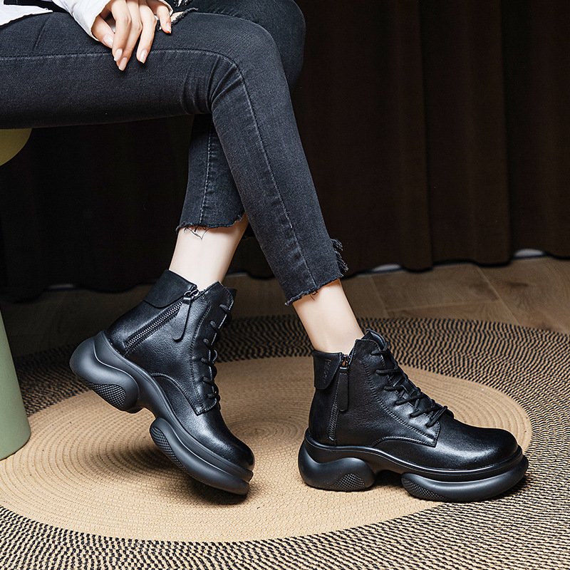 Promotional Winter Snow Short Boots Soft Leather Thick Soles Leather Shoes With Double Zip Lace-Up For Women