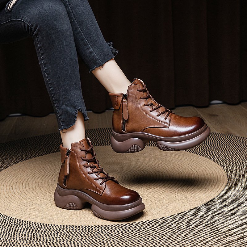 Promotional Winter Snow Short Boots Soft Leather Thick Soles Leather Shoes With Double Zip Lace-Up For Women