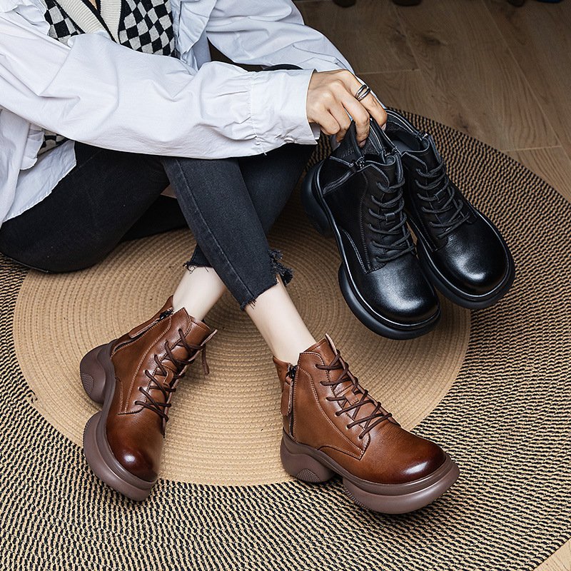 Promotional Winter Snow Short Boots Soft Leather Thick Soles Leather Shoes With Double Zip Lace-Up For Women