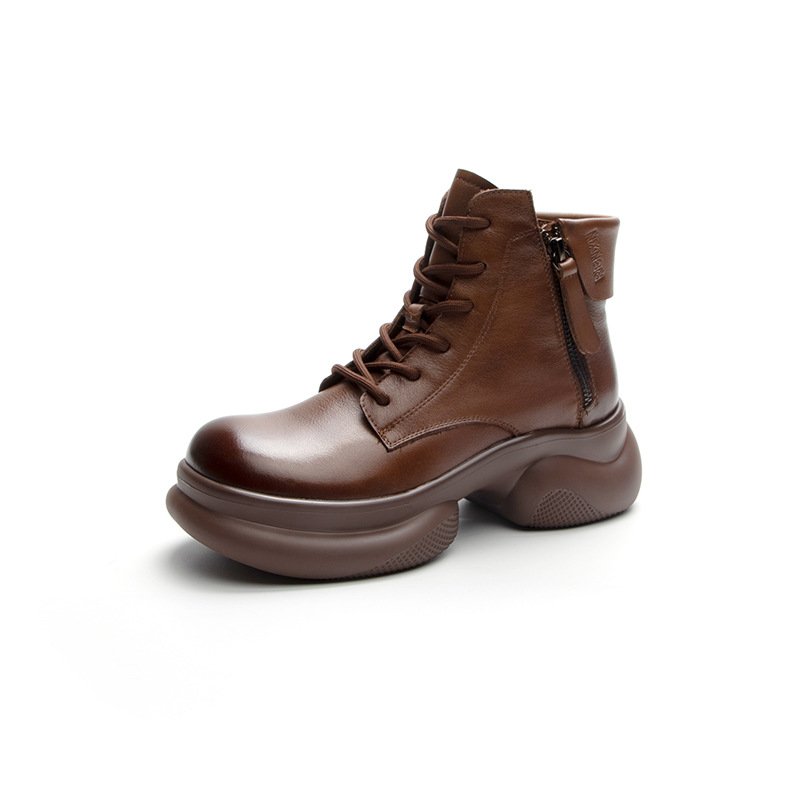 Promotional Winter Snow Short Boots Soft Leather Thick Soles Leather Shoes With Double Zip Lace-Up For Women