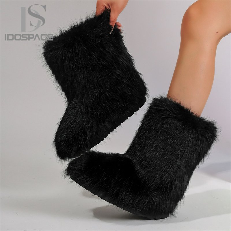 2024 Latest Imitation Fox Round Toe Shoes Imitation Raccoon Fur Y2K Snow Boots Mid Calf Boots Faux Fur Boots