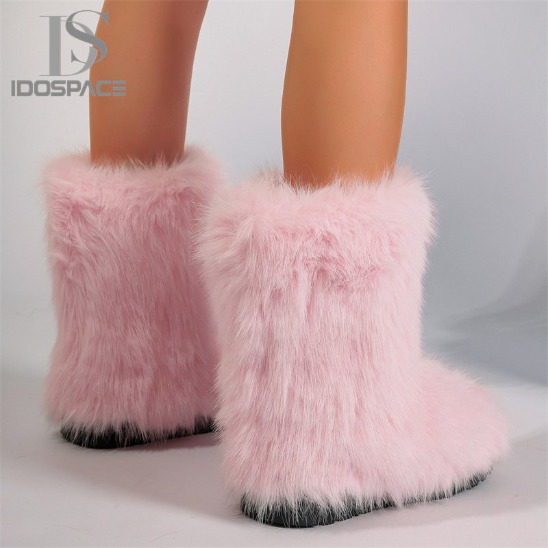 2024 Latest Imitation Fox Round Toe Shoes Imitation Raccoon Fur Y2K Snow Boots Mid Calf Boots Faux Fur Boots