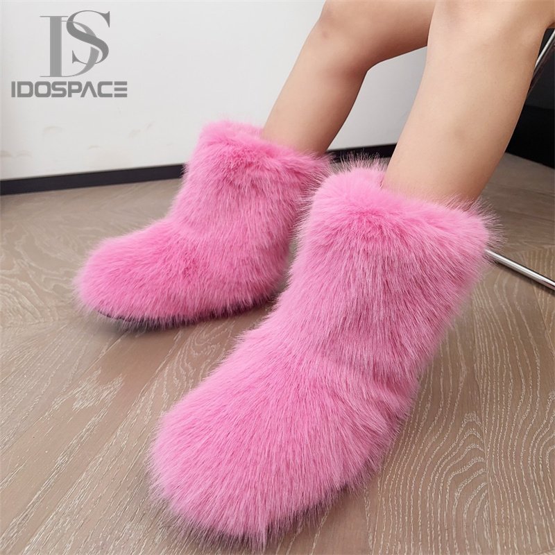 2024 Latest Imitation Fox Round Toe Shoes Imitation Raccoon Fur Y2K Snow Boots Mid Calf Boots Faux Fur Boots