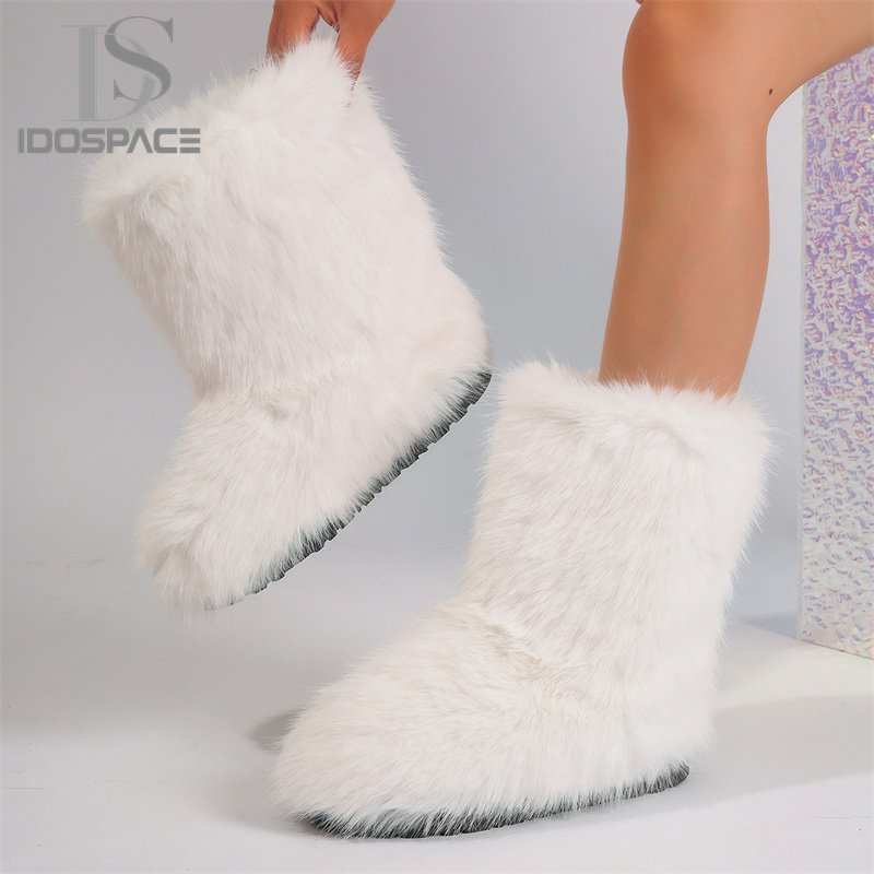 2024 Latest Imitation Fox Round Toe Shoes Imitation Raccoon Fur Y2K Snow Boots Mid Calf Boots Faux Fur Boots