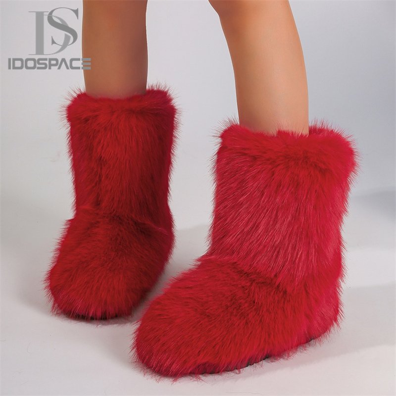 2024 Latest Imitation Fox Round Toe Shoes Imitation Raccoon Fur Y2K Snow Boots Mid Calf Boots Faux Fur Boots