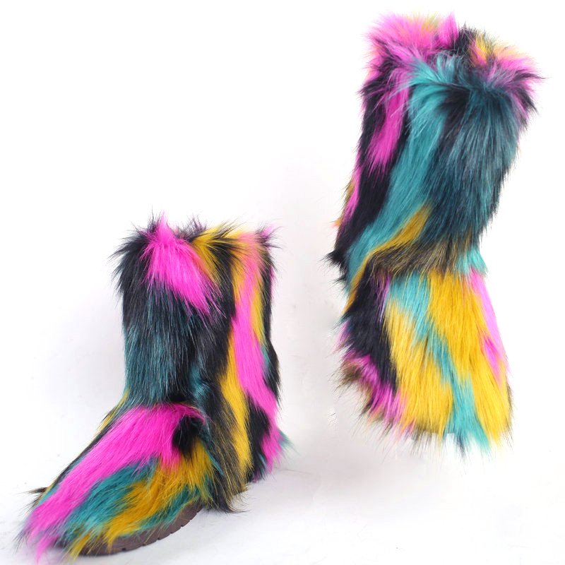 Real Raccoon Fur Boots Winter Warm Fuzzy Snow Boot Fashion Full Fox Fur Big Furry Fur Boot Womens Shoes Vendor