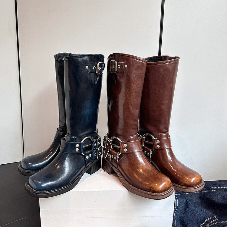 Cavalier belt buckle thick heel women's leather retro boots western cowboy leather boots 2023