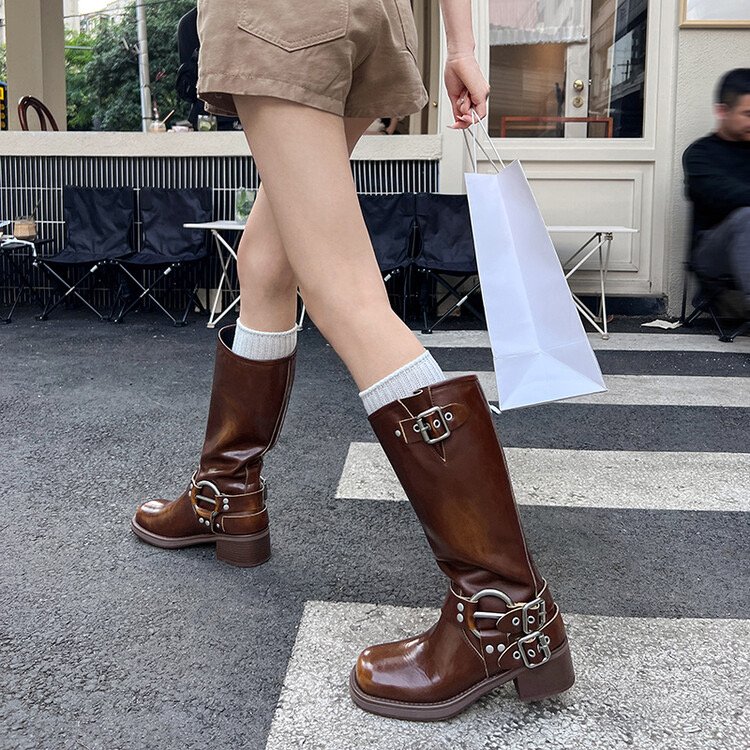 Cavalier belt buckle thick heel women's leather retro boots western cowboy leather boots 2023