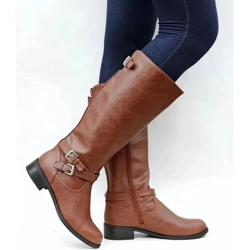 Waterproof luxury fashion black brown winter women's boots Designer P Low heel u leather low heel women's long knee high boots