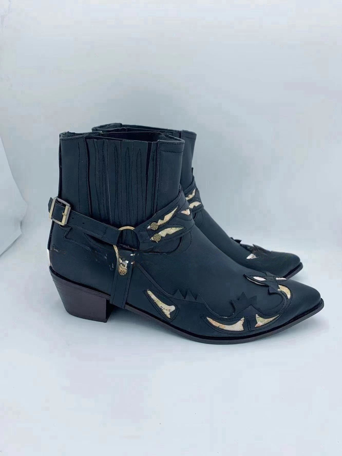 PDEP Fashion Low Heel Pointed Burnt Flower Strap Men's Knight Boots Chelsea cowboy house riding boots for men