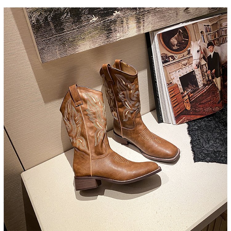 Factory high quality brown leather western cowboy exotic embroidered thread leather boots middle heel ethnic women knight boots