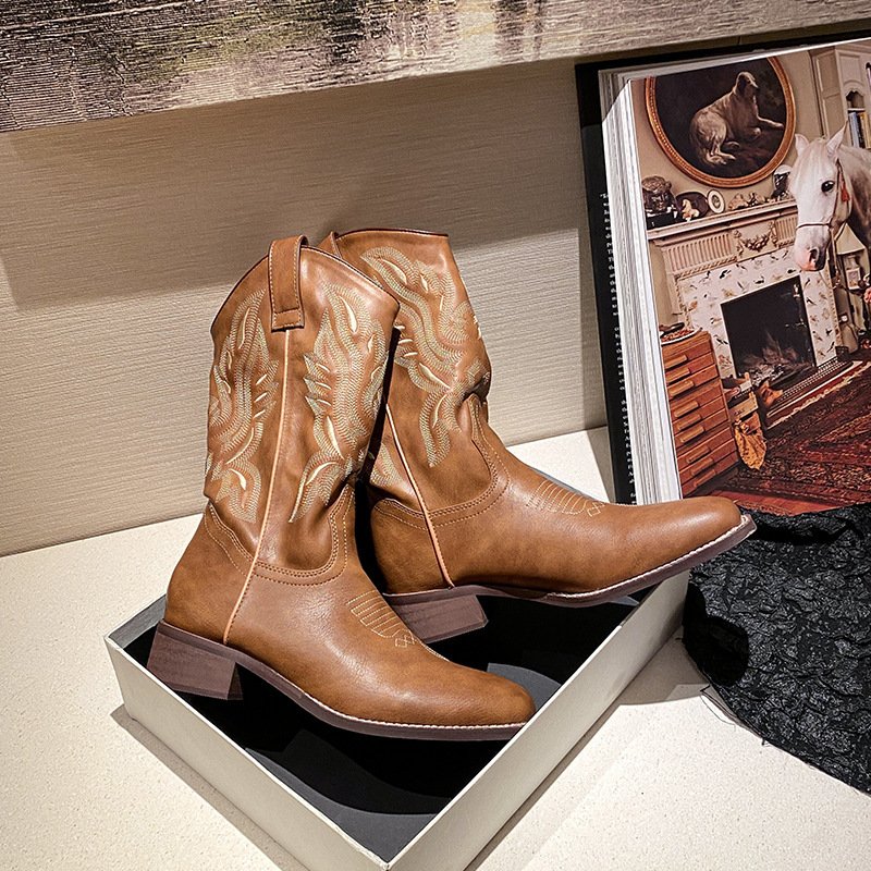 Factory high quality brown leather western cowboy exotic embroidered thread leather boots middle heel ethnic women knight boots