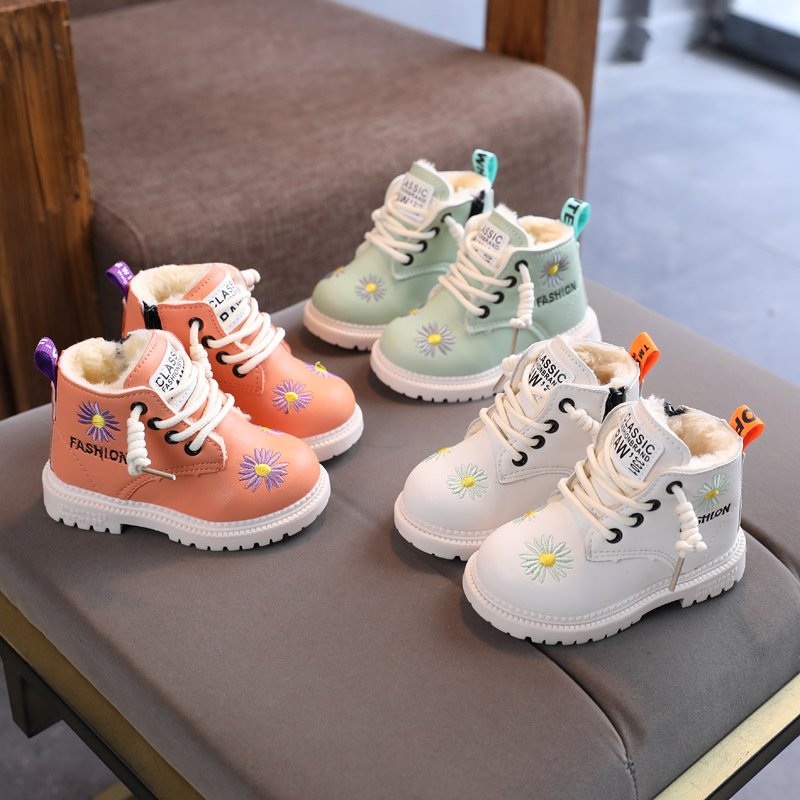 New Fashion Lace Up Winter Kids Snow Boots Flower Girls Boots Warm Thicken Cotton Outdoor Non-slip Casual Children's Shoes