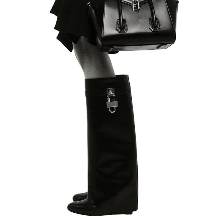 Classical Shark Lock Pants Boots For Women Winter Solid Color Knee High Heel Boats Big Size Shoes