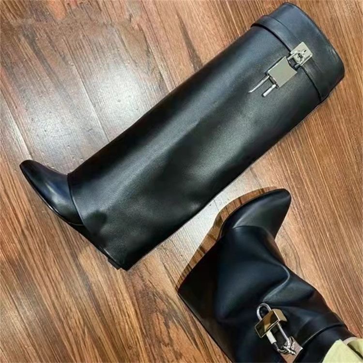 Classical Shark Lock Pants Boots For Women Winter Solid Color Knee High Heel Boats Big Size Shoes