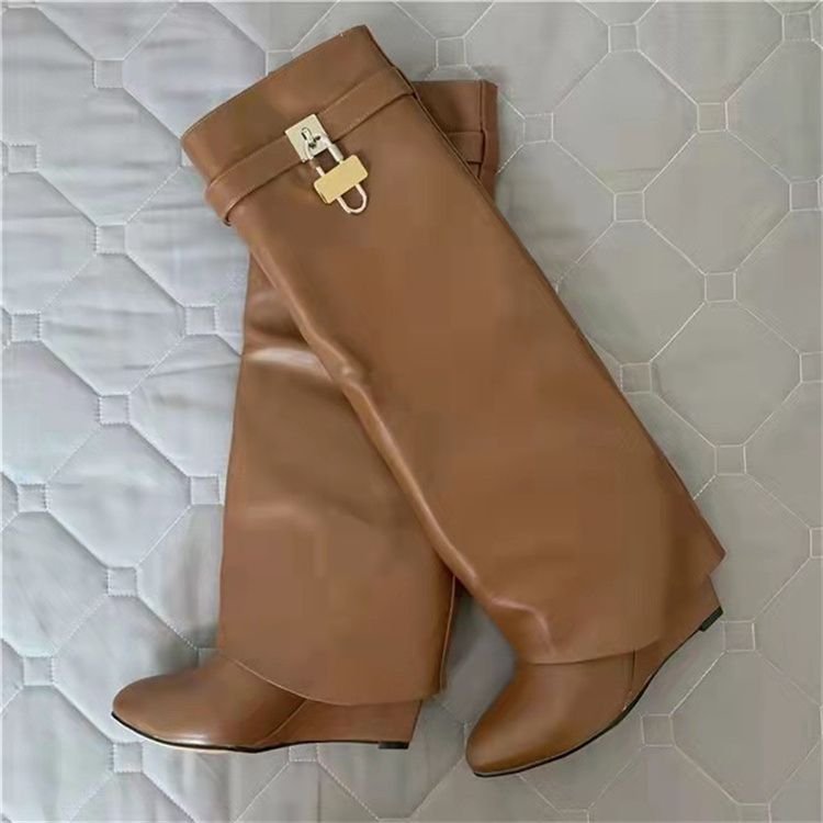 Classical Shark Lock Pants Boots For Women Winter Solid Color Knee High Heel Boats Big Size Shoes