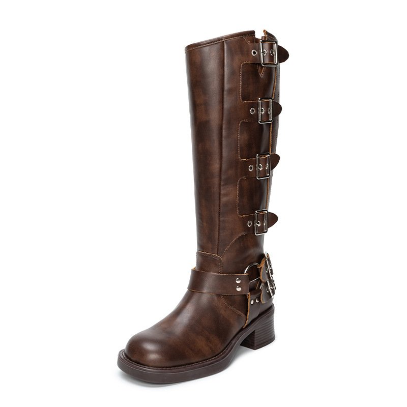 Xinzirain Vintage round head belt buckle chunky heel western mid-leg rider boots women's leather boots