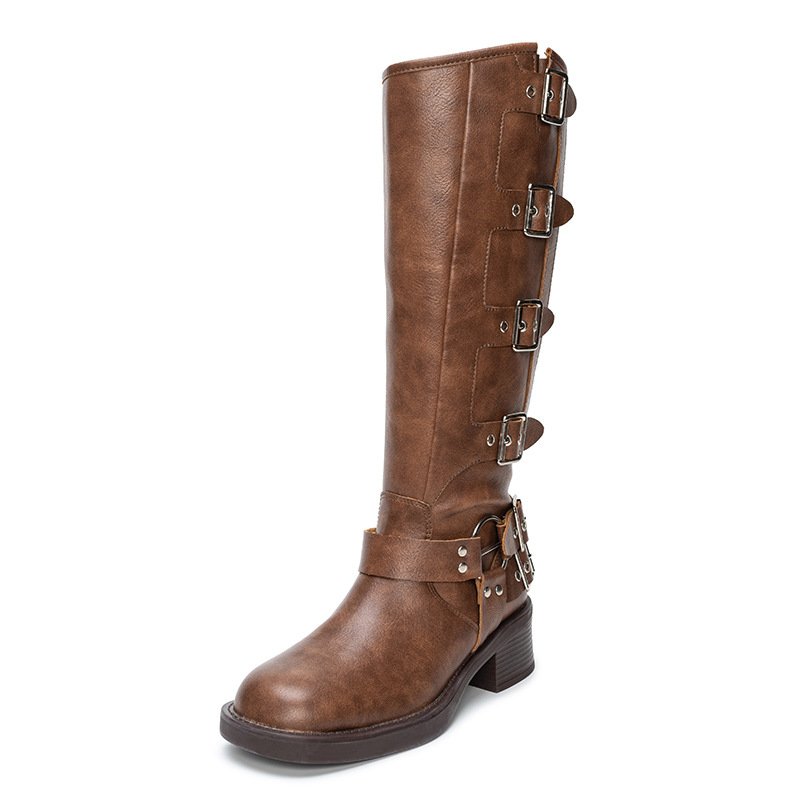 Xinzirain Vintage round head belt buckle chunky heel western mid-leg rider boots women's leather boots