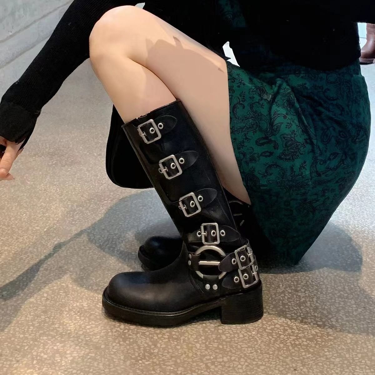 Xinzirain Vintage round head belt buckle chunky heel western mid-leg rider boots women's leather boots