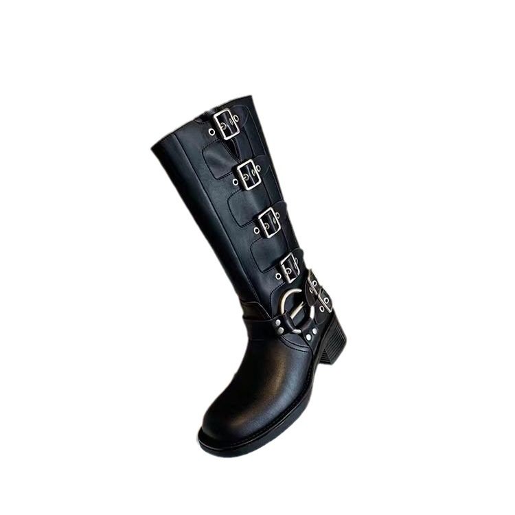 Xinzirain Vintage round head belt buckle chunky heel western mid-leg rider boots women's leather boots