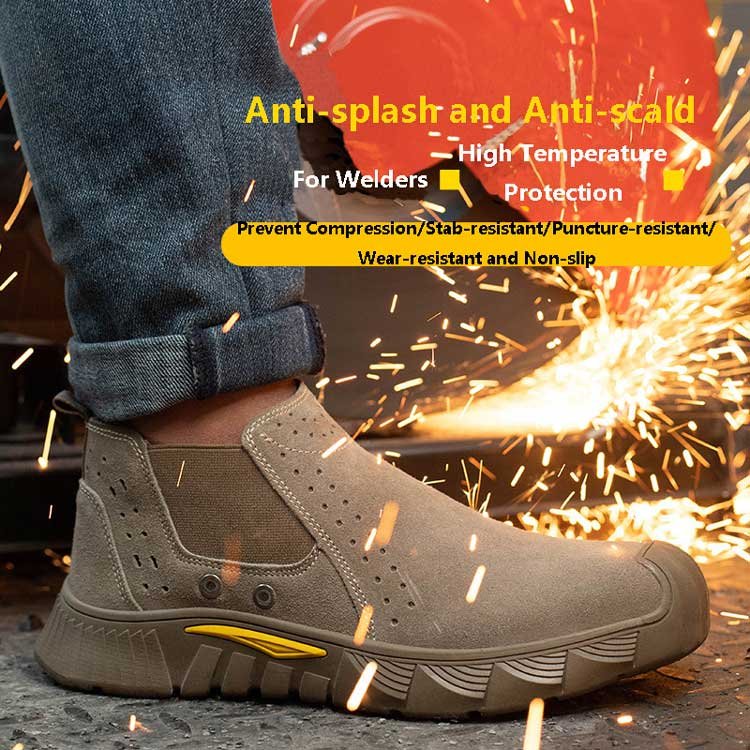 Hot selling men's mid cut business non slip steel toe work shoe hotel wear resistant executive cowhide leather safety boots