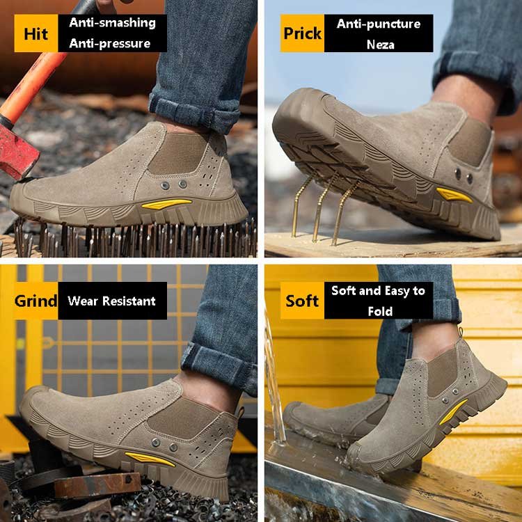 Hot selling men's mid cut business non slip steel toe work shoe hotel wear resistant executive cowhide leather safety boots