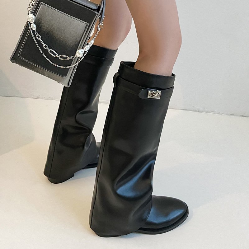 Wide shaft custom womens wedge high heel boots fashion ladies shoes boots women shoes knee-high