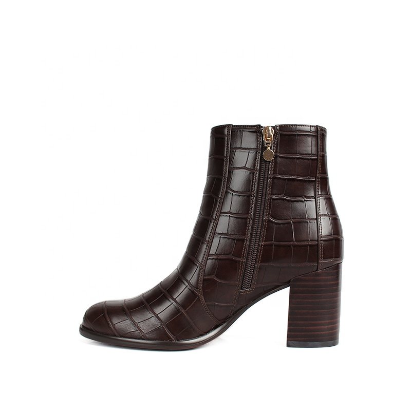 Custom Outdoor Winter Casual Women Boots Brown PU Leather Ankle Boots Chunky High Heel Shoes Customized Zip Booties for Women