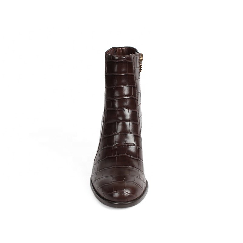 Custom Outdoor Winter Casual Women Boots Brown PU Leather Ankle Boots Chunky High Heel Shoes Customized Zip Booties for Women