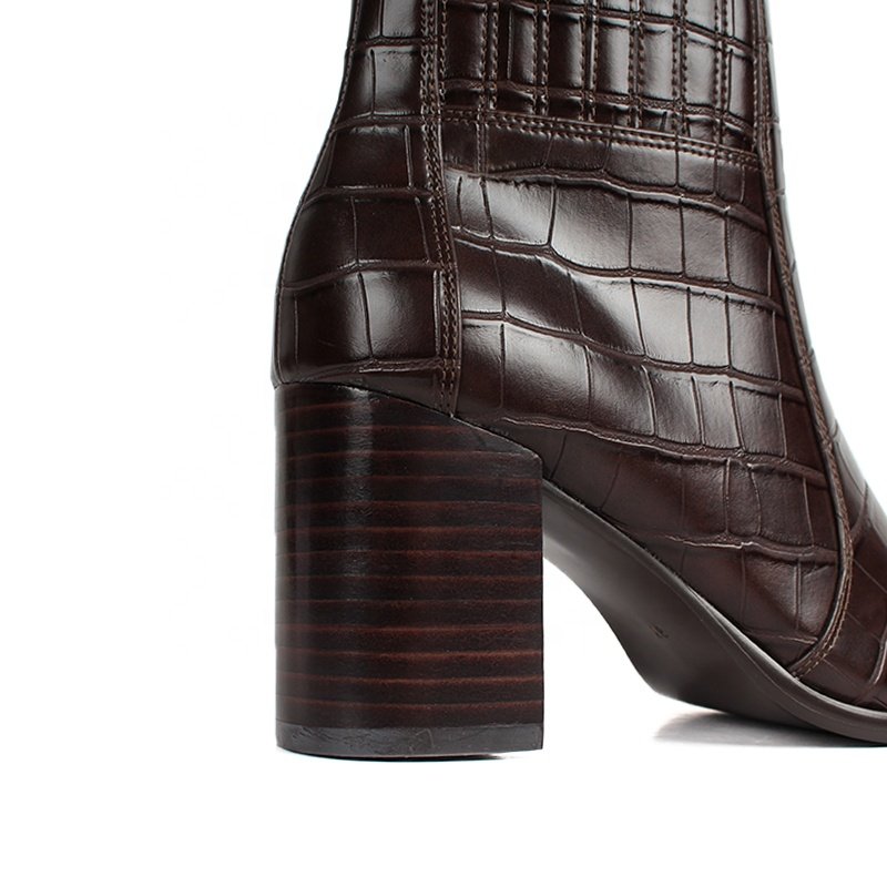 Custom Outdoor Winter Casual Women Boots Brown PU Leather Ankle Boots Chunky High Heel Shoes Customized Zip Booties for Women