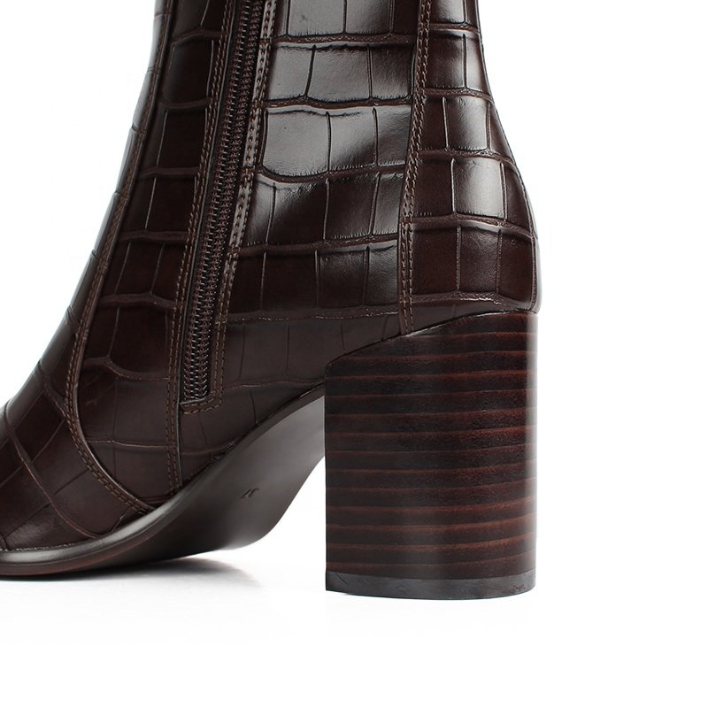 Custom Outdoor Winter Casual Women Boots Brown PU Leather Ankle Boots Chunky High Heel Shoes Customized Zip Booties for Women