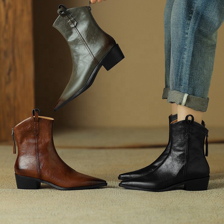 HG165 Inner and outer leather brushed Western short boots for women's boots