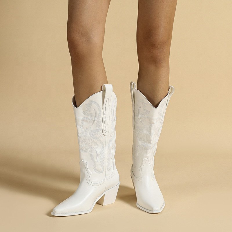 big size pure white women's cowboy boots block clumsy ladies heel shoes autumn winter pointed toe increase high boots for women