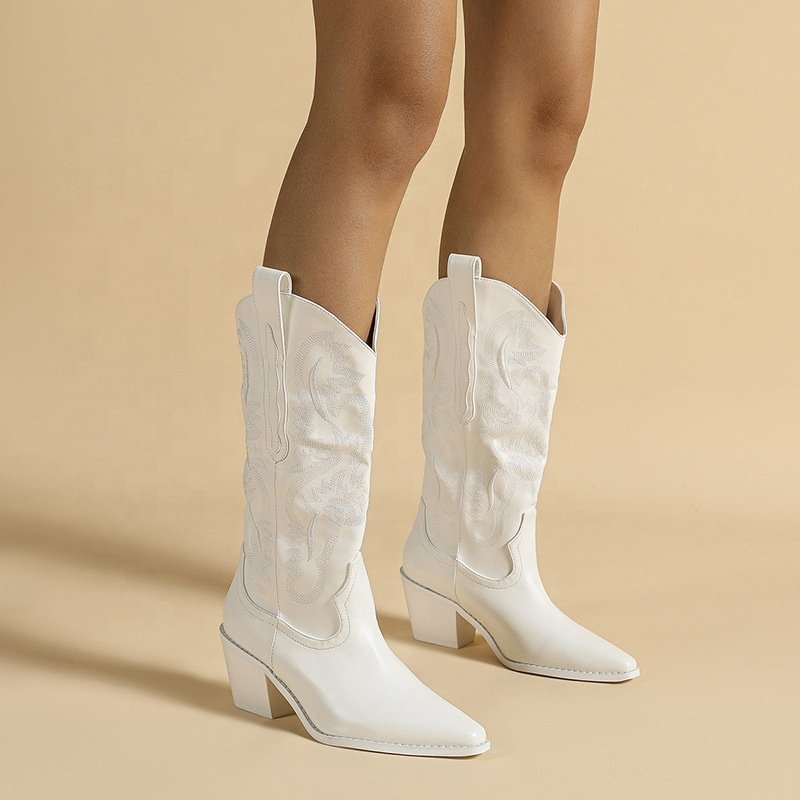 big size pure white women's cowboy boots block clumsy ladies heel shoes autumn winter pointed toe increase high boots for women