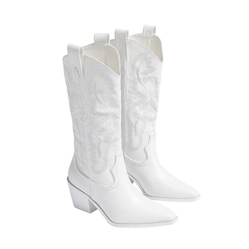 big size pure white women's cowboy boots block clumsy ladies heel shoes autumn winter pointed toe increase high boots for women