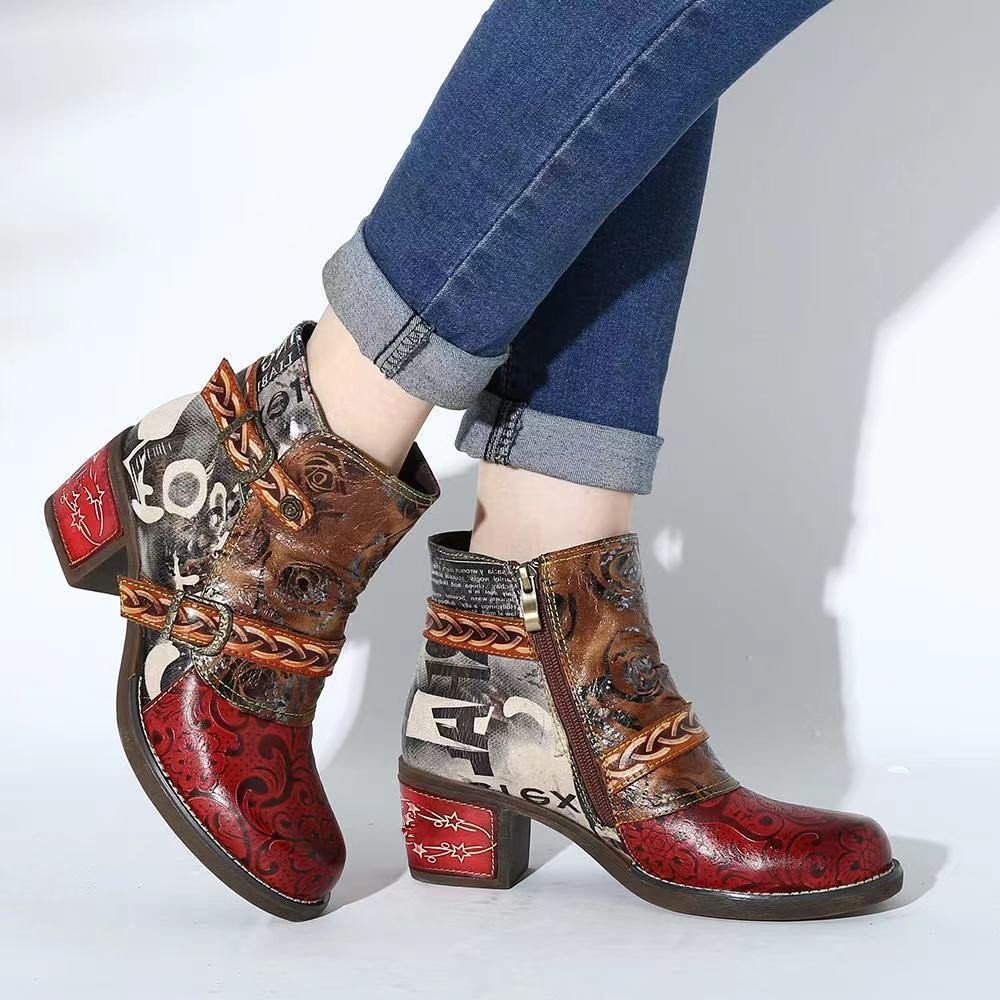 Women High Heel Leather Ankle Boots Fashion Style Buckle Straps Ladies Boots Round Toes High Heel Side Zipper Booties
