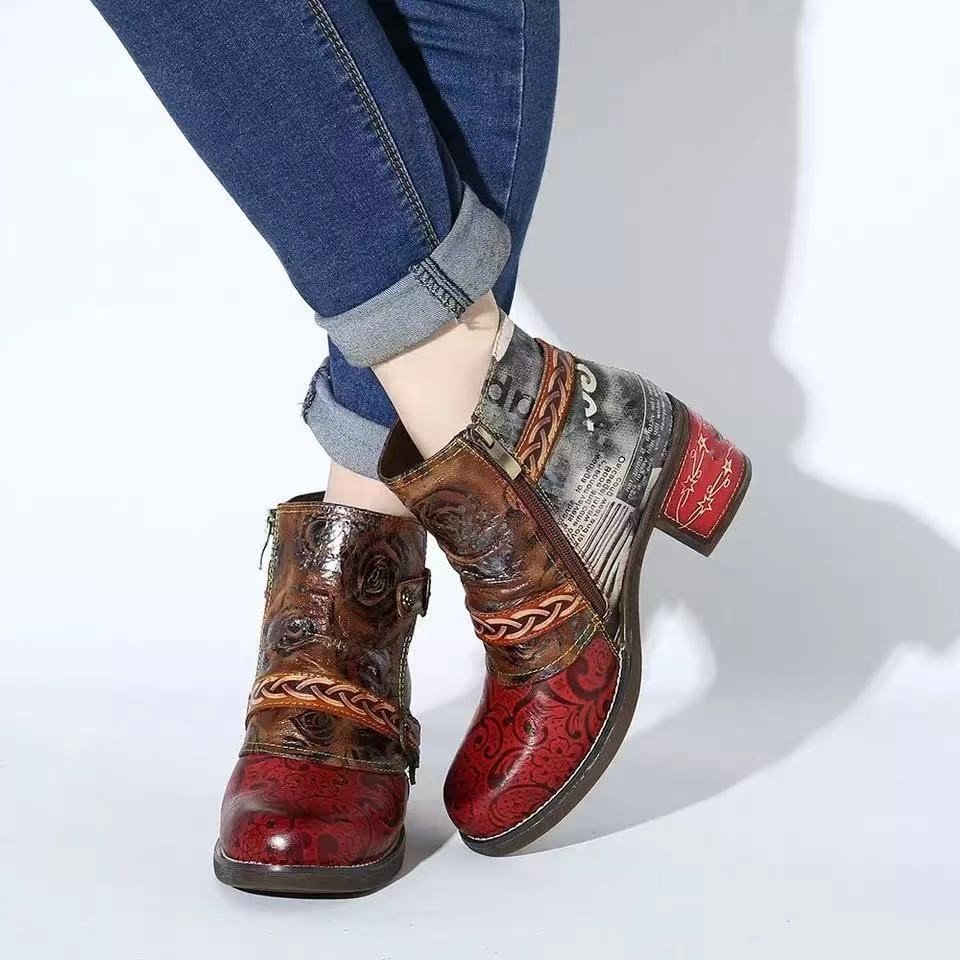 Women High Heel Leather Ankle Boots Fashion Style Buckle Straps Ladies Boots Round Toes High Heel Side Zipper Booties