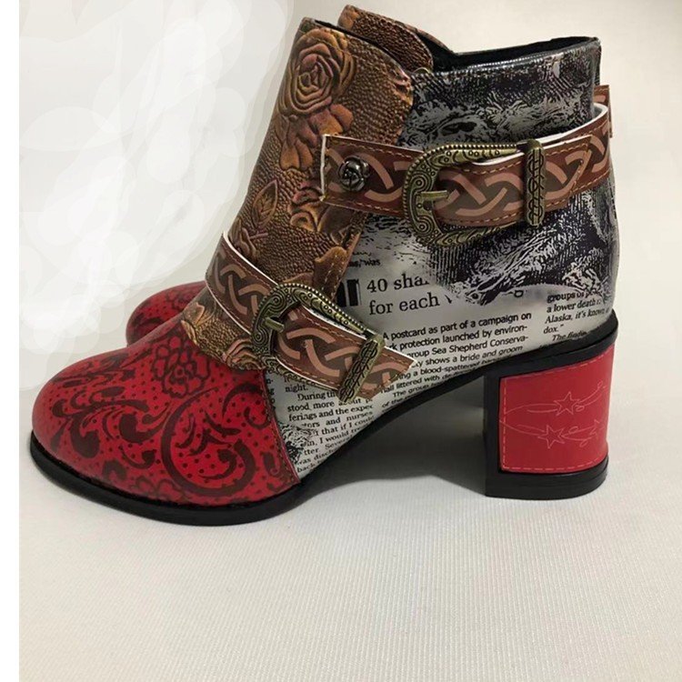 Women High Heel Leather Ankle Boots Fashion Style Buckle Straps Ladies Boots Round Toes High Heel Side Zipper Booties
