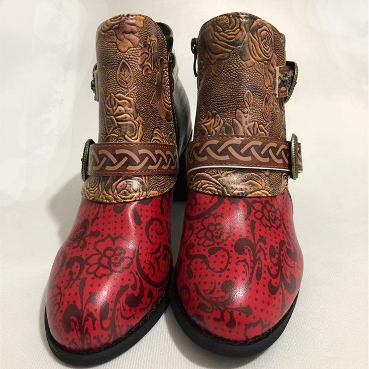 Women High Heel Leather Ankle Boots Fashion Style Buckle Straps Ladies Boots Round Toes High Heel Side Zipper Booties