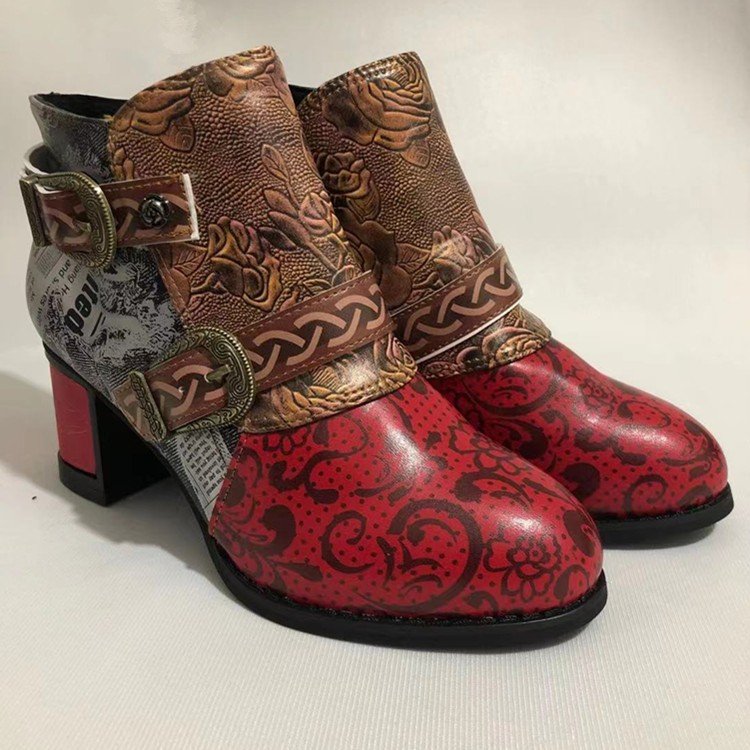 Women High Heel Leather Ankle Boots Fashion Style Buckle Straps Ladies Boots Round Toes High Heel Side Zipper Booties