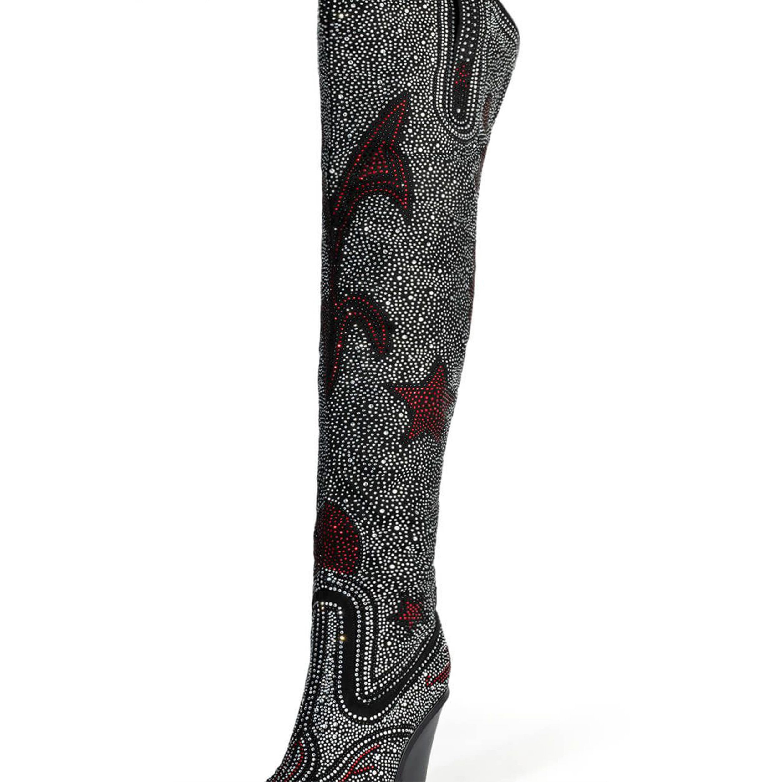Women Over The Knee Boot Dinner Party Sexy Pointed Toe Wedge High Heel Boots Purely Handmade Rhinestone Cowgirl Boots