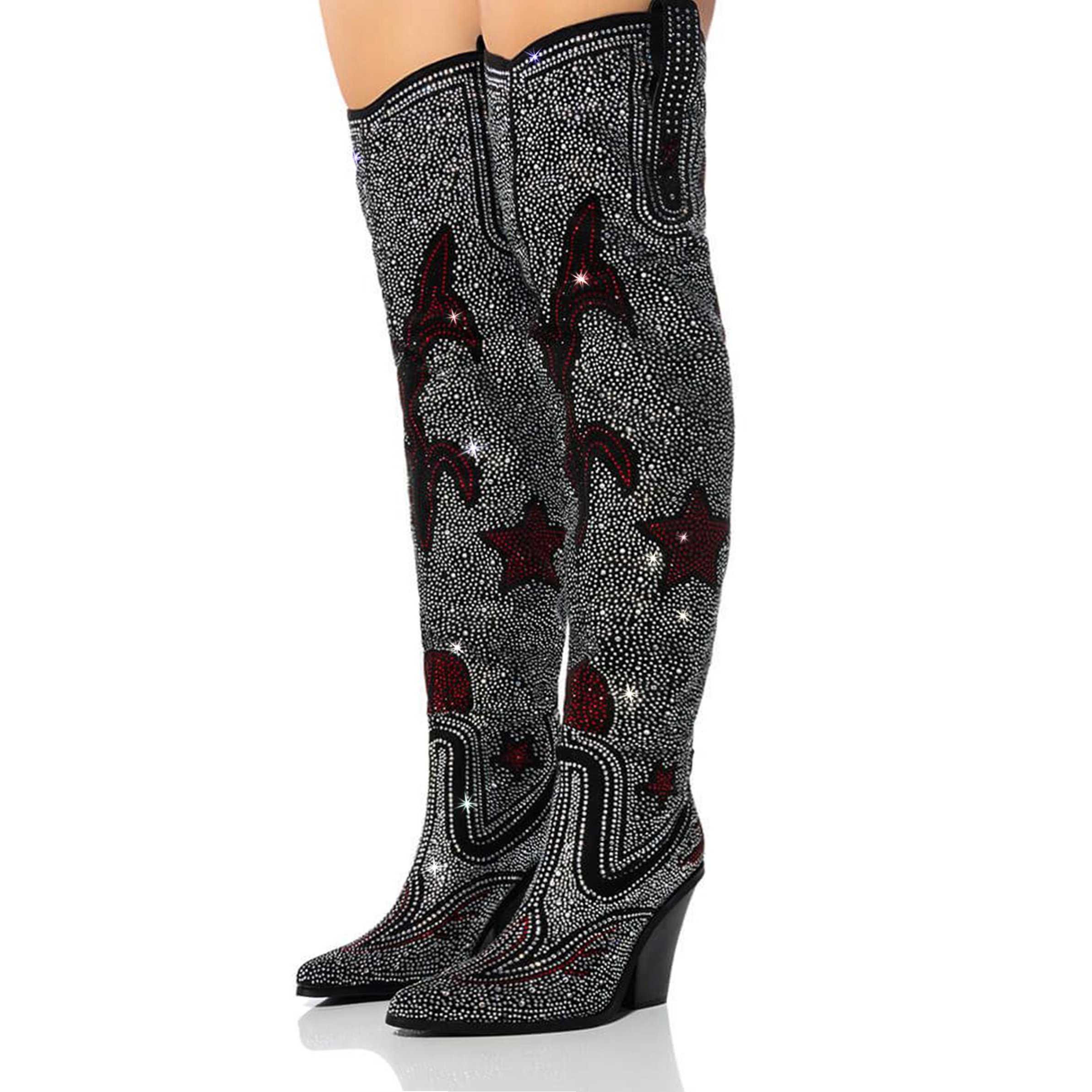 Women Over The Knee Boot Dinner Party Sexy Pointed Toe Wedge High Heel Boots Purely Handmade Rhinestone Cowgirl Boots