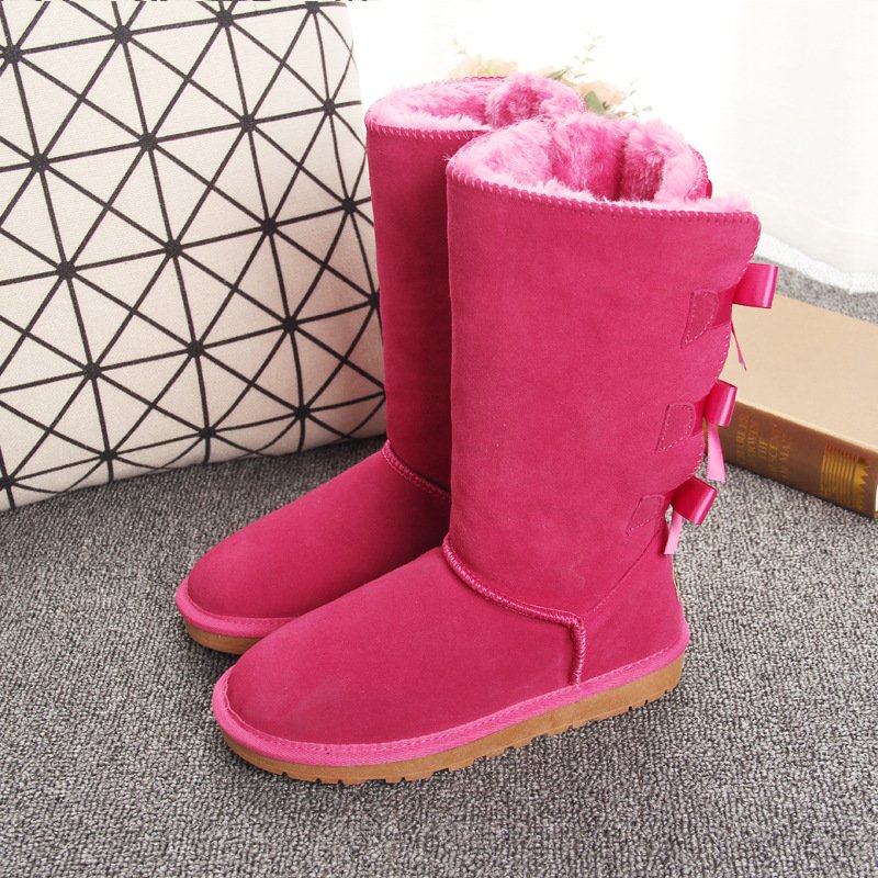 Factory wholesale ladies bowling winter knee high furry shoes Women Snow Boot long boots women winter Ribbon Fur snow boots