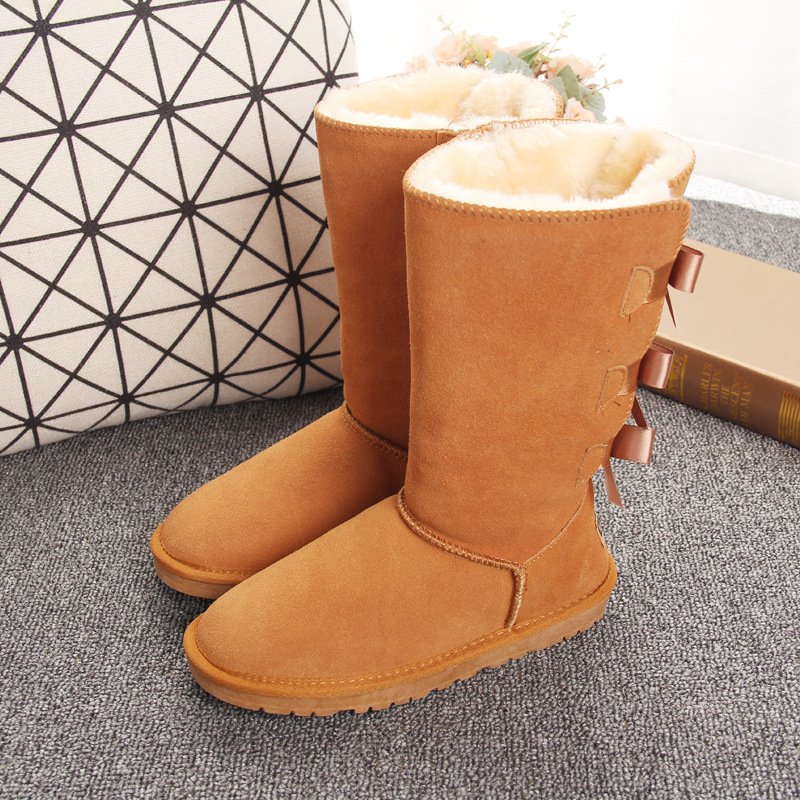 Factory wholesale ladies bowling winter knee high furry shoes Women Snow Boot long boots women winter Ribbon Fur snow boots